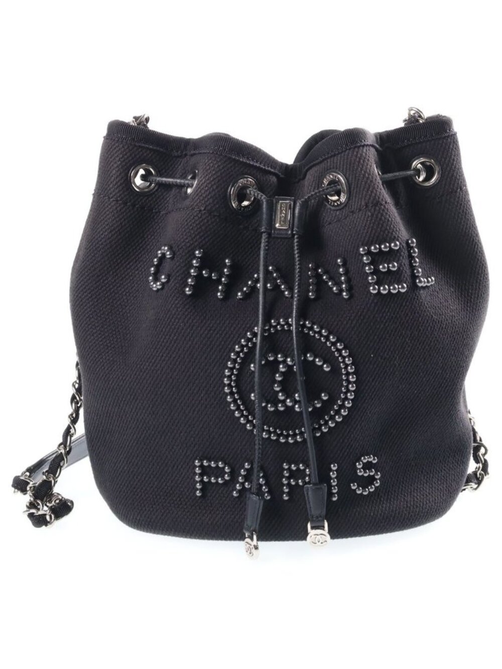 Chanel Deauville Drawstring Shoulder Bag Canvas Black